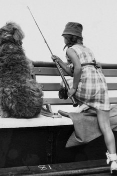 Casting Out Little Girl Dog Fishing 1934 Photo Poster Vintage Gone Fishin Sports Black and White Photograph Stretched Canvas Art Wall Decor 16x24