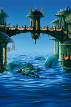 Serpent Dragon Swimming In Water Under Castle Bridge by Ciruelo Fantasy Painting Gustavo Cabral Cool Wall Decor Art Print Poster 12x18