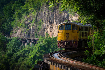 Diesel Locomotive Moving Along Tracks Thailand Railway Photo Print Stretched Canvas Wall Art 24x16 inch