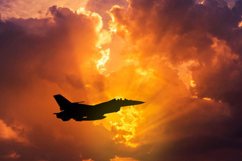 Silhouette F16 Fighting Falcon Military Aircraft at Sunset Photo Print Stretched Canvas Wall Art 24x16 inch