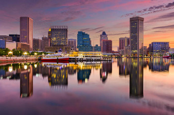 Baltimore Inner Harbor Reflecting Skyline Sunset Photo Stretched Canvas Wall Art 24x16 inch
