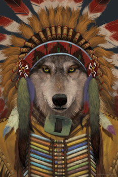 Wolf Spirit Chief Feather Headdress Animal Mashup by Vincent Hie Print Stretched Canvas Wall Art 16x24 inch