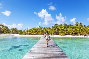 Beautiful Woman Walking on Jetty Tropical Island Photo Print Stretched Canvas Wall Art 24x16 inch