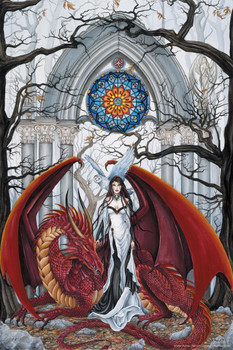 Wisdom Warrior Queen In Temple Red Dragon Owl by Nene Thomas Fantasy Poster Stretched Canvas Art Wall Decor 16x24