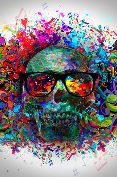 Musical Graffiti Colorful Abstract Skull Poster Musical Notes Skeleton Head Sunglasses Rainbow Paint Stretched Canvas Art Wall Decor 16x24