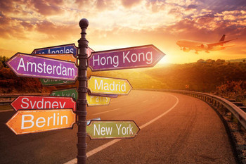 Cities Around the World Roadside Sign Open Road Direction Pole Photo Photograph Stretched Canvas Art Wall Decor 24x16