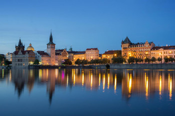 Prague Old Buildings Water Reflection At Night Skyline Photo Stretched Canvas Wall Art 16x24 inch