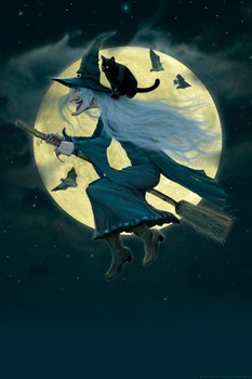 Witch Flying Broom Moon by Vincent Hie Print Stretched Canvas Wall Art 16x24 inch