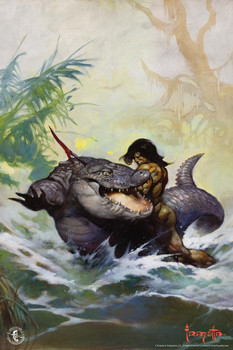 Frank Frazetta Monster Out Of Time Science Fiction Fantasy Artwork Crocodile Alligator Barbarian Comic Book Cover Stretched Canvas Art Wall Decor 16x24