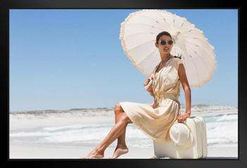 Beautiful Woman Sitting on Suitcase with Umbrella Photo Photograph Art Print Stand or Hang Wood Frame Display Poster Print 13x9