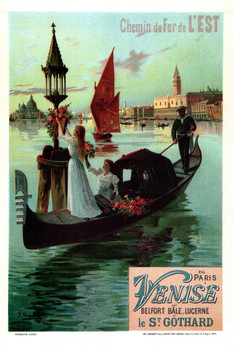 Visit Italy Venise Venice Chemin de Fer Gondola Canal Festival Vintage Illustration Travel Stretched Canvas Art Wall Decor 16x24