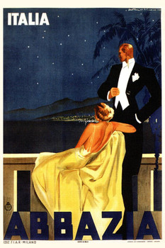 Italy Abbazia Elegant Couple Tuxedo Gown At Night Vintage Illustration Travel Stretched Canvas Art Wall Decor 16x24