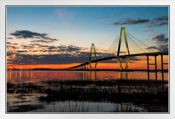 Arthur Ravenel Jr Bridge at Twilight Charleston Photo Photograph White Wood Framed Poster 20x14