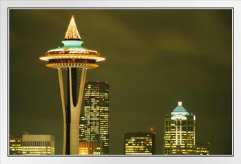 Space Needle Seattle Washington Skyline at Night Photo Photograph White Wood Framed Poster 20x14