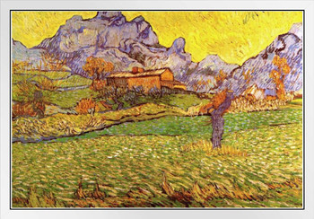 Vincent Van Gogh Meadow In Mountains Poster 1889 Nature Landscape Post Impressionist Painting White Wood Framed Art Poster 14x20