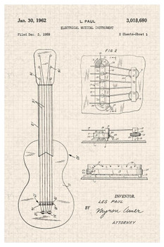 Les Paul Electric Guitar Pickup Sketch Official Patent Diagram Stretched Canvas Wall Art 16x24 inch