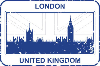 London UK Passport Rubber Stamp Travel Stamp Print Stretched Canvas Wall Art 24x16 inch