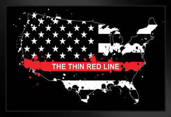 Thin Red Line Flag USA Map Memorial Stand or Hang Wood Frame Display 9x13