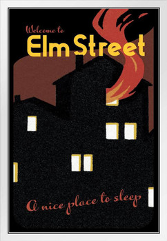 Welcome To Elm Street A Nice Place To Sleep Horror Movie Nightmare Retro Vintage Travel Minimalist Spooky Scary Halloween Decorations White Wood Framed Art Poster 14x20