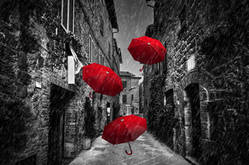 Umrbellas Flying Wind And Rain Cobblestone Street Tuscany Italy Print Stretched Canvas Wall Art 24x16 inch