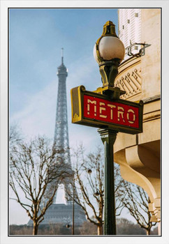 Paris Metro Sign with Eiffel Tower in Background Photo Photograph White Wood Framed Poster 14x20