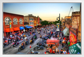 Motorcycle Rally on Sixth Street Austin Texas Photo Photograph White Wood Framed Poster 20x14