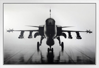 Fighter Jet Military Aircraft Front Carrier Deck Black And White Photo White Wood Framed Poster 20x14