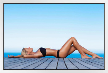 Sexy Blonde Woman Sunbathing on Wooden Pier Photo Photograph White Wood Framed Poster 20x14