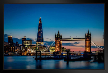 Tower Bridge and London Skyline Illuminated at Night Photo Photograph Art Print Stand or Hang Wood Frame Display Poster Print 13x9