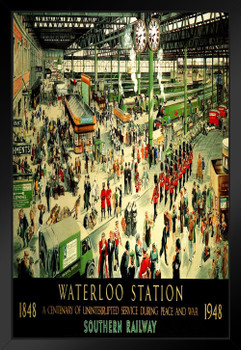 Waterloo Station London England National Rail Network Railroad Terminal 1848 100 Year Anniversary Vintage Travel Black Wood Framed Poster 14x20