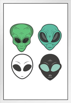 Alien Face Humanoid Head Collection UFO Area 51 Extra Terrestrial White Wood Framed Poster 14x20