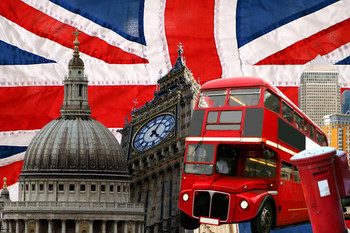 London Great Brittain Landmarks Bus Big Ben St Pauls Print Stretched Canvas Wall Art 16x24 inch