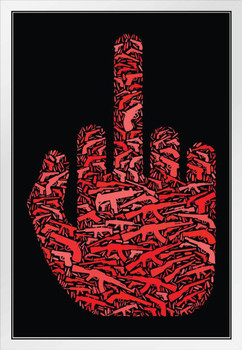 Middle Finger Hand Gun Icon Pattern White Wood Framed Art Poster 14x20