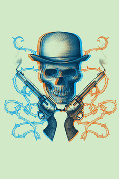 Six Shooting Skeleton Gunslinger Retro Print Stretched Canvas Wall Art 16x24 inch