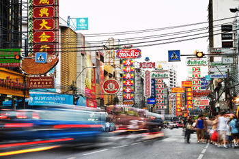 Bustling Street in China Town Bangkok Thailand Photo Print Stretched Canvas Wall Art 24x16 inch