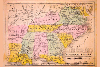 Southern States of United States 1852 Antique Style Map with Cities in Detail Map Posters for Wall Map Art Geographical Illustration Travel Destination Stretched Canvas Art Wall Decor 24x16