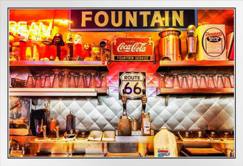 Route 66 Diner Soda Classic Fountain Vintage Photo White Wood Framed Poster 20x14