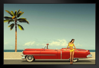 Sexy Young Woman Leaning on Old Fashioned Cadillac Convertible Beach Photo Photograph Art Print Stand or Hang Wood Frame Display Poster Print 13x9