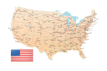 United States USA Decorative Highway Map with Flag US Map with Cities in Detail Map Posters for Wall Map Art Wall Decor Country Illustration Tourist Destinations Stretched Canvas Art Wall Decor 24x16