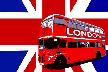 UK United Kingdom Flag With London Bus British Culture Print Stretched Canvas Wall Art 16x24 inch