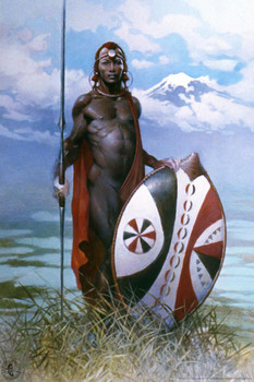 Masai Warrior by Frank Frazetta Wall Art Africa Warrior Decor Frank Frazetta Artwork Tribesman Art Prints Battle Posters Frazetta Illustration Spear Stretched Canvas Art Wall Decor 16x24