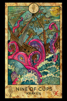 Kraken Nine of Cups Tarot Card Print Stretched Canvas Wall Art 16x24 inch