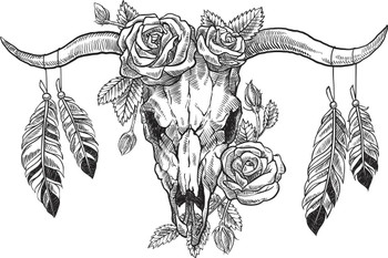 Bull Skull With Roses and Feathers Bull Pictures Wall Decor Longhorn Picture Longhorn Wall Decor Bull Picture of a Cow Skull Picture Bull Horns for Wall Stretched Canvas Art Wall Decor 16x24
