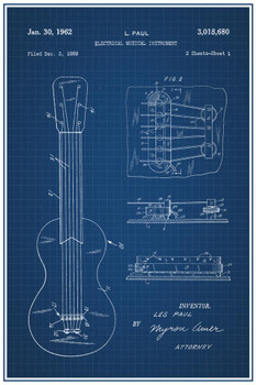 Les Paul Electric Guitar Pickup Sketch Official Patent Blueprint Stretched Canvas Wall Art 16x24 inch