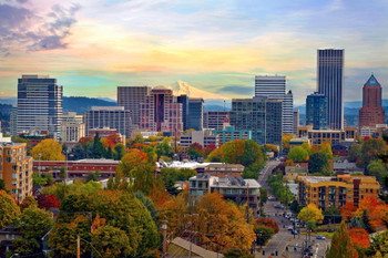 Portland Oregon Downtown Skyline in the Fall Photo Photograph Stretched Canvas Art Wall Decor 24x16