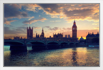 London Skyline with Big Ben Westminster Bridge Photo Photograph White Wood Framed Poster 20x14