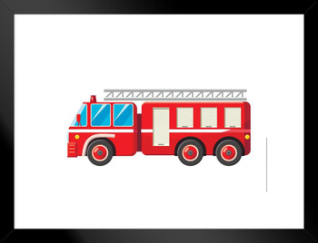 Red Fire Truck Rescue Ladder Fireman Emergency Services Vehicle Artistic Drawing Illustration Decoration Matted Framed Wall Decor Art Print 20x26