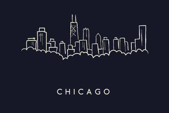 Chicago City Skyline Pencil Sketch Print Stretched Canvas Wall Art 24x16 inch