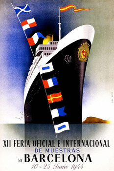 Barcelona Spain Ocean Liner Ship 1944 Vintage Travel Stretched Canvas Art Wall Decor 16x24