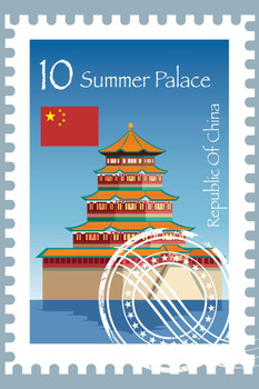 Republic of China Summer Palace Travel Postage Stamp Print Stretched Canvas Wall Art 16x24 inch